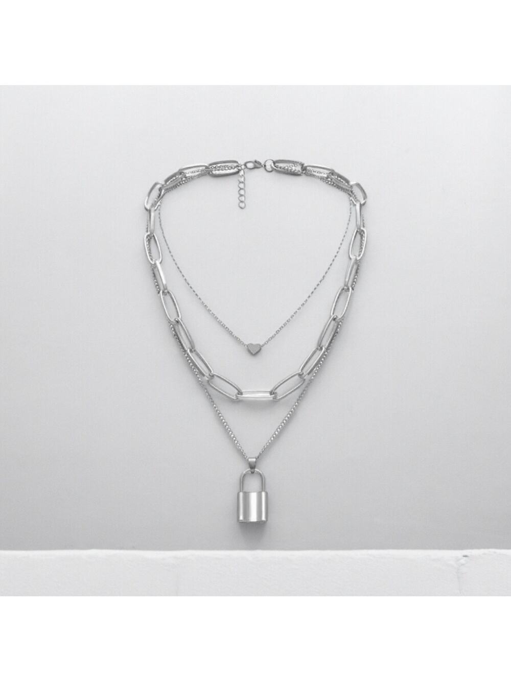 NEW 18K White gold plated  layered lock heart chain necklace jewelry B21